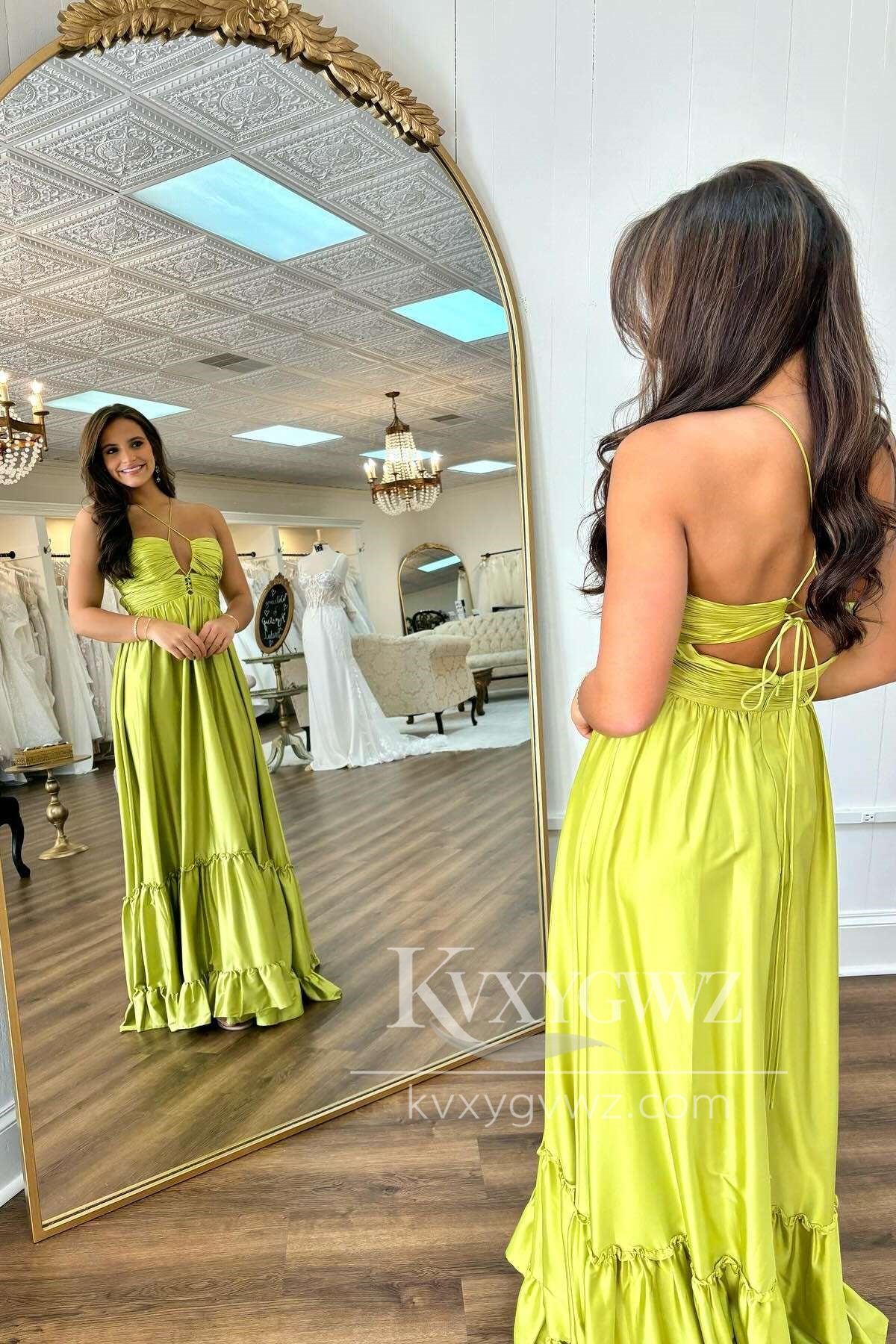 Stunning A Line Straps V Neck Evening Gown Ruffled Satin Long Prom Dress LF1426