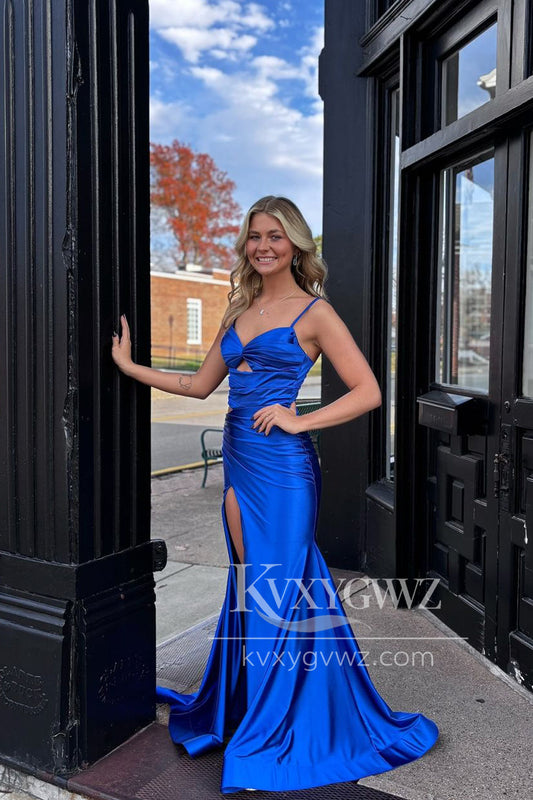 Stunning Mermaid Sweetheart Evening Gown Royal Blue Satin Long Prom Dress LF1429