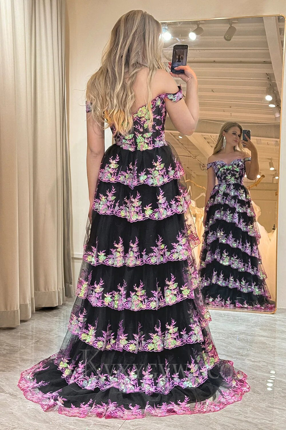 Sparkly Black Pink Tiered A-Line Long Prom Dress with Lace LF143
