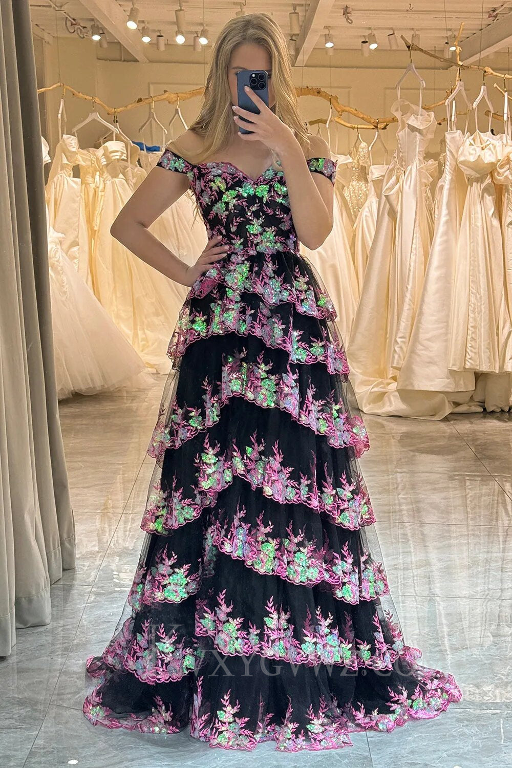 Sparkly Black Pink Tiered A-Line Long Prom Dress with Lace LF143