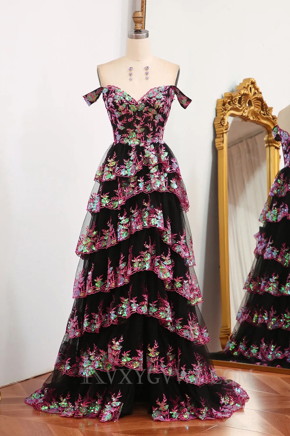 Sparkly Black Pink Tiered A-Line Long Prom Dress with Lace LF143