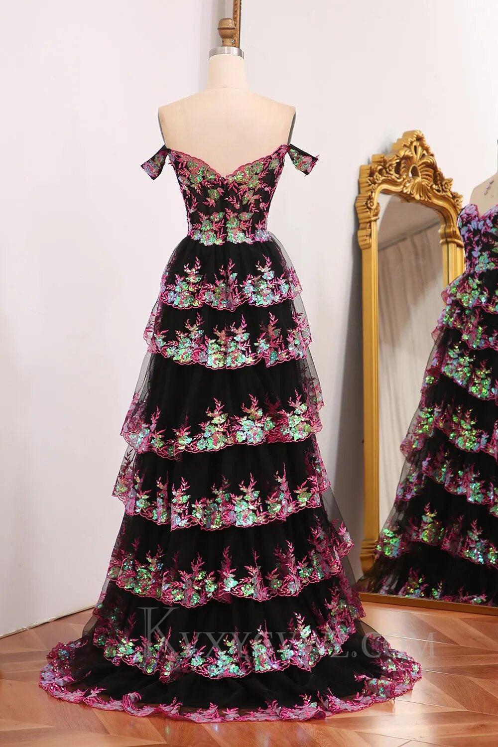 Sparkly Black Pink Tiered A-Line Long Prom Dress with Lace LF143