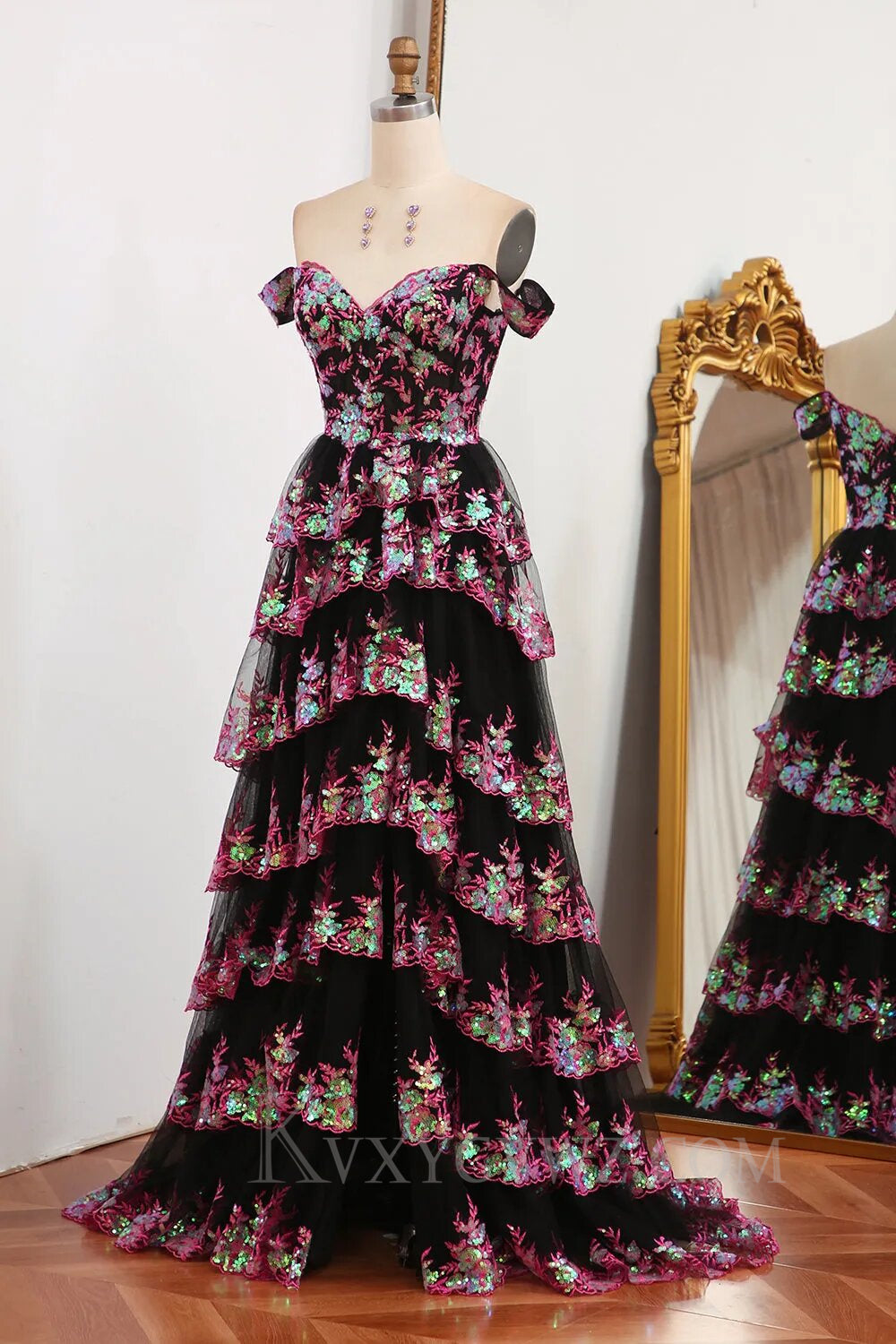 Sparkly Black Pink Tiered A-Line Long Prom Dress with Lace LF143