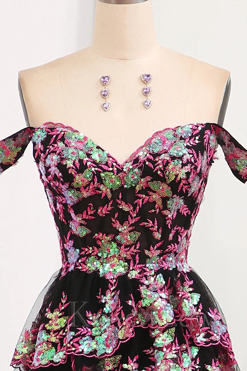 Sparkly Black Pink Tiered A-Line Long Prom Dress with Lace LF143