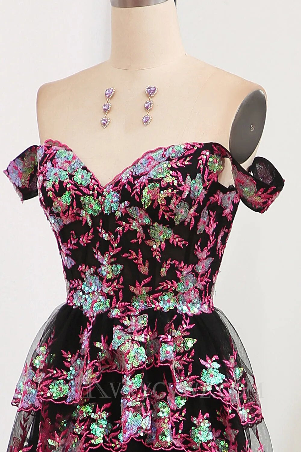 Sparkly Black Pink Tiered A-Line Long Prom Dress with Lace LF143