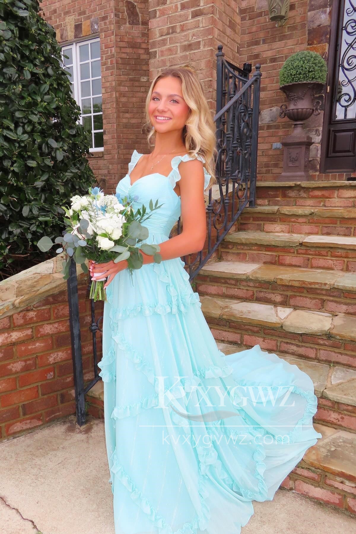 Stunning A Line Sweetheart Evening Gown Chiffon Ruffles Long Prom Dress LF1432