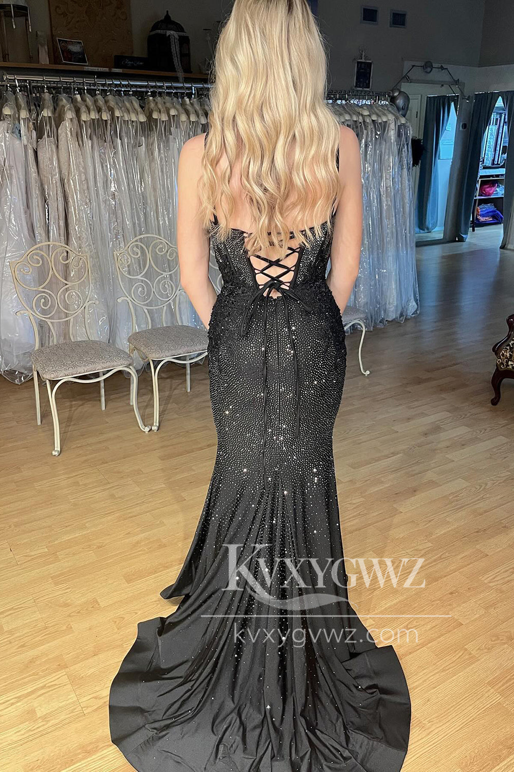 Stunning Conspicuous Mermaid Evening Gown Black Scoop Neck Prom Dress with Beading LF1433