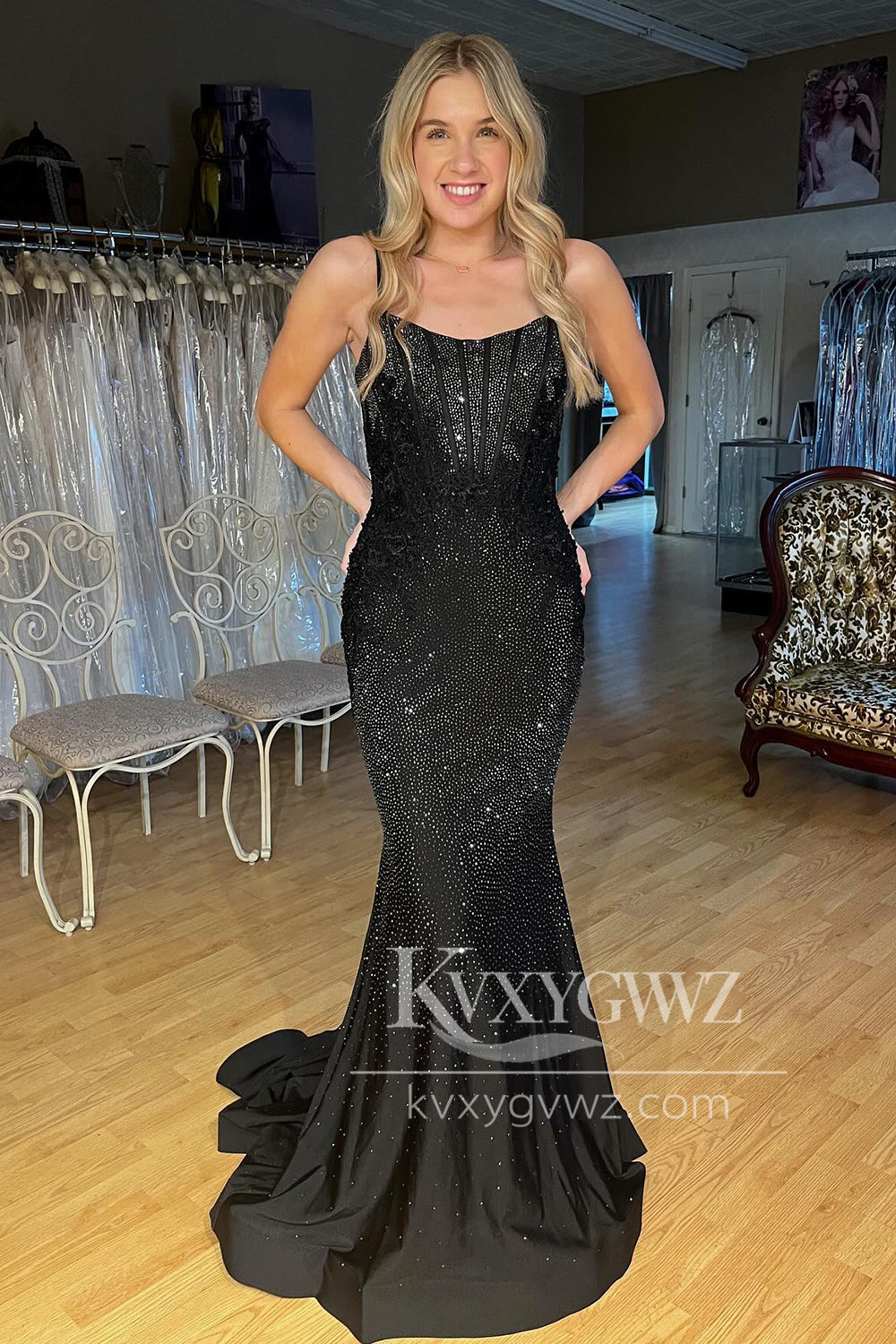 Stunning Conspicuous Mermaid Evening Gown Black Scoop Neck Prom Dress with Beading LF1433
