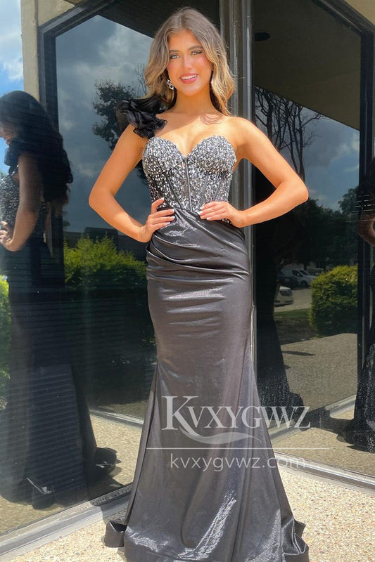 Conspicuous Mermaid Sweetheart Black Evening Gown One Shoulder Prom Dress with Beading LF1437