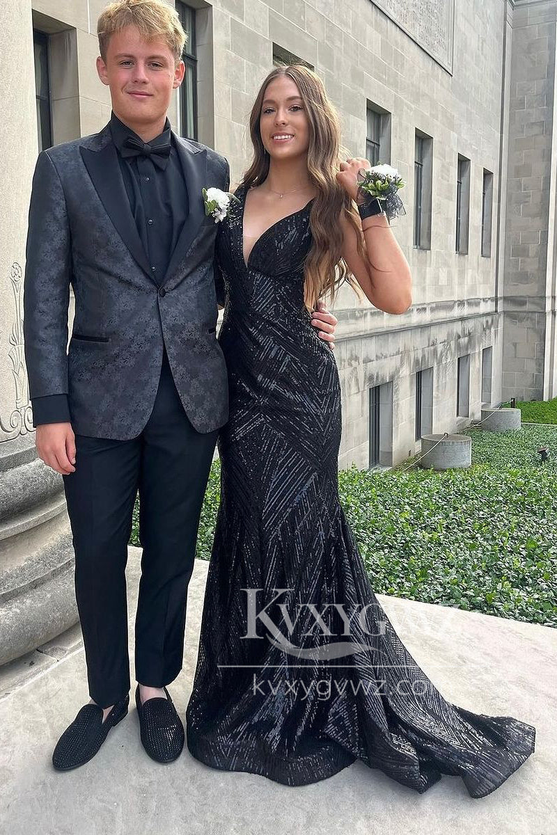 Stunning Mermaid V Neck Evening Gown Black Sequins Lace Long Prom Dress With Slit LF1438