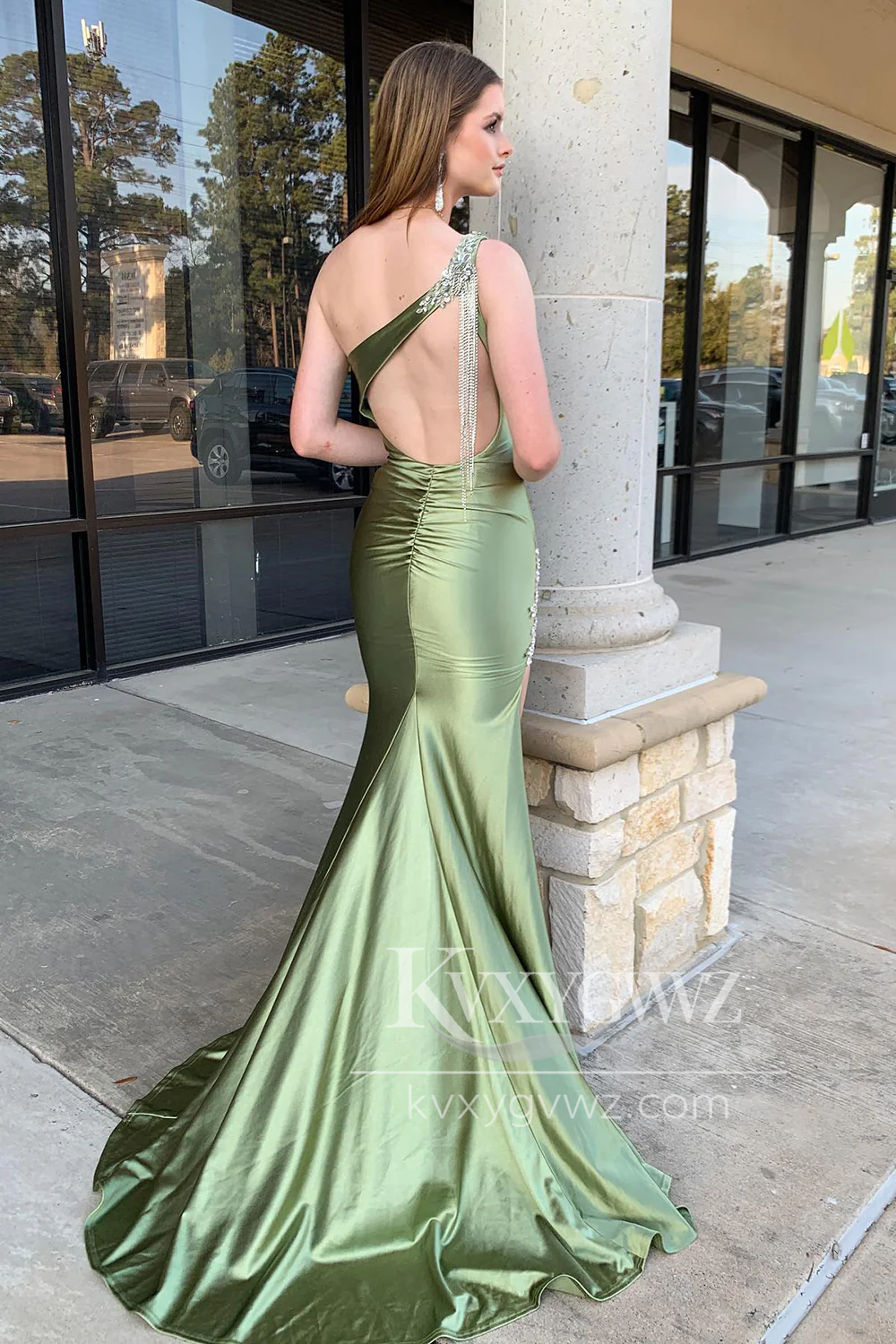 Elegant Mermaid One-Shoulder Evening Gown Sage Green Beaded Satin Prom Dress with Slit LF1439