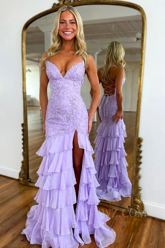 Sparkly Lilac Spaghetti Strap Ruffled Lace Prom Dress with Slit LF144