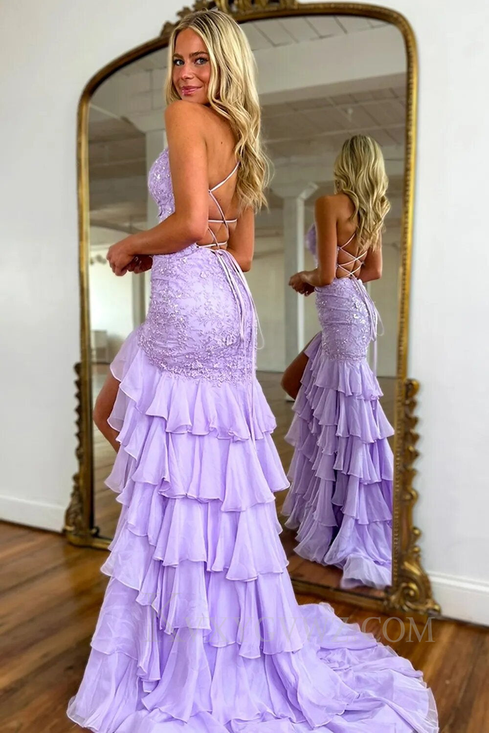 Sparkly Lilac Spaghetti Strap Ruffled Lace Prom Dress with Slit LF144