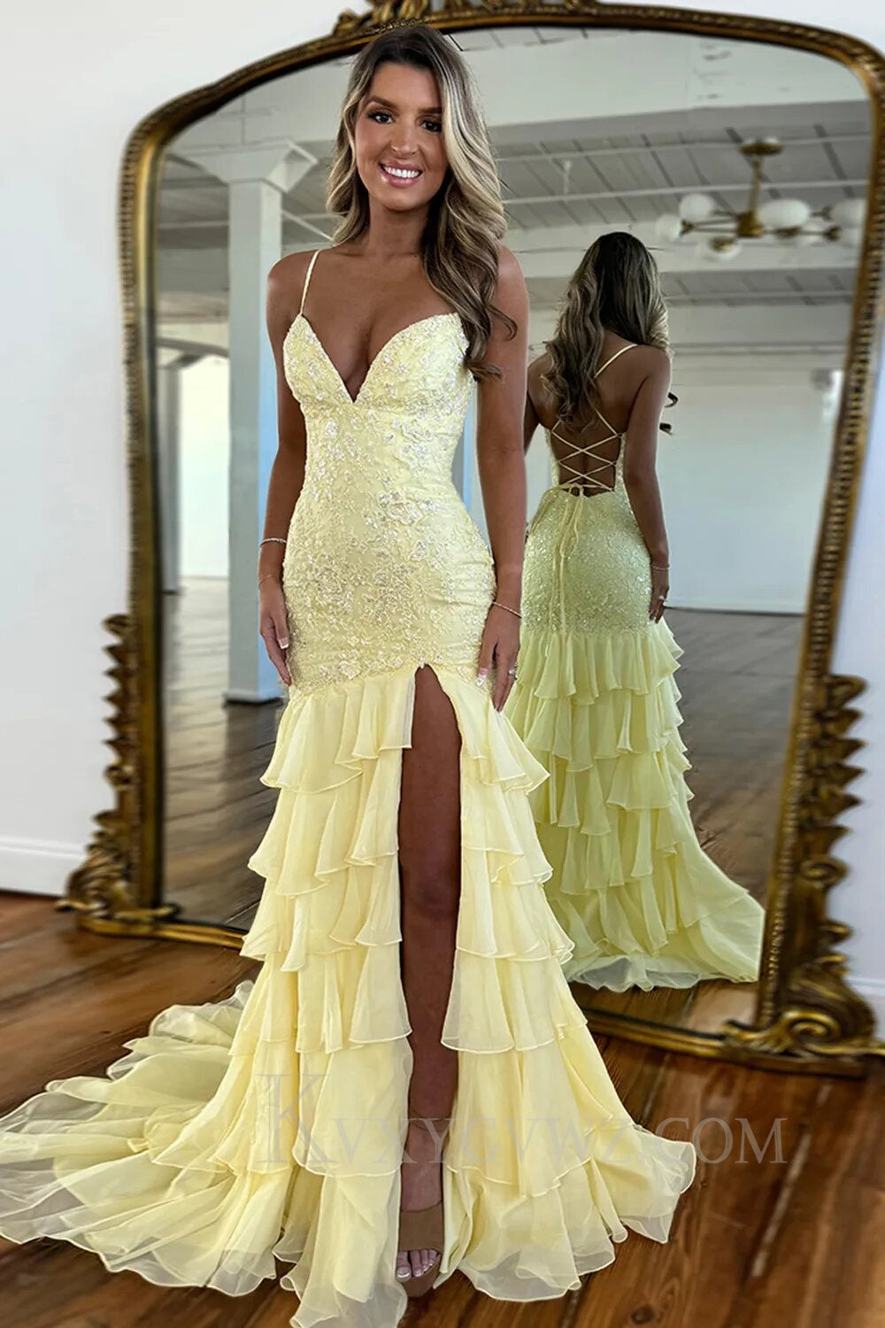 Sparkly Lilac Spaghetti Strap Ruffled Lace Prom Dress with Slit LF144