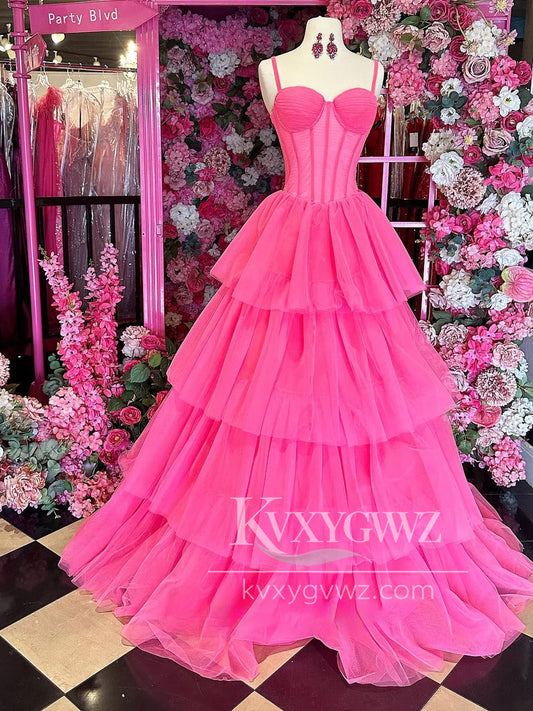 Fairy A Line Sweetheart Evening Gown Spaghetti Strap Pink Tiered Tulle Long Prom Dress LF1440