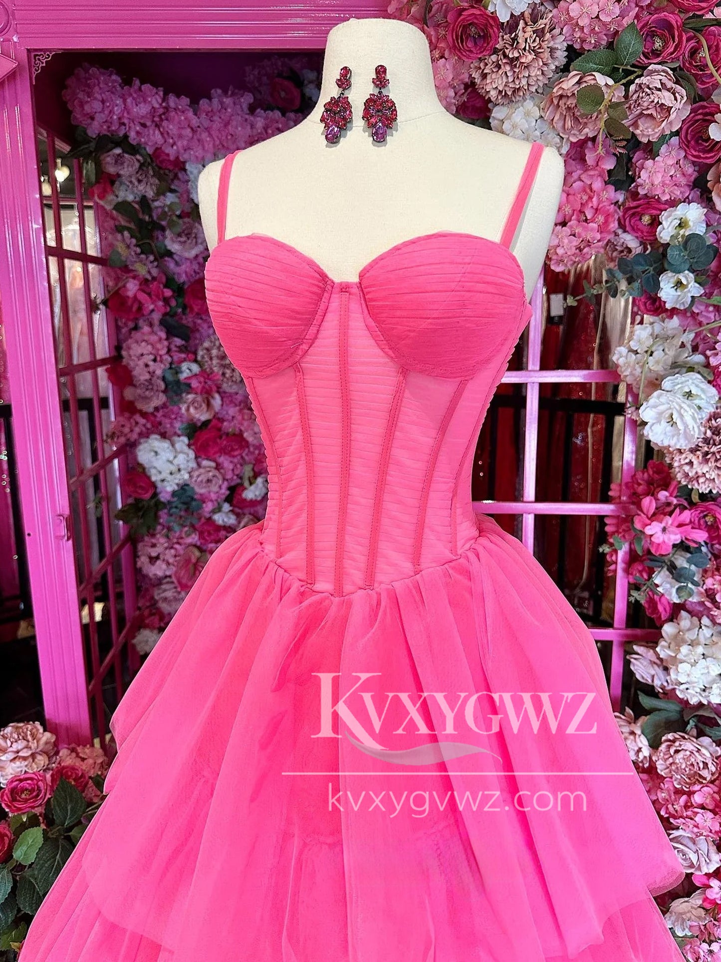 Fairy A Line Sweetheart Evening Gown Spaghetti Strap Pink Tiered Tulle Long Prom Dress LF1440