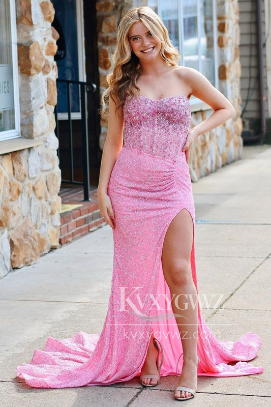 Fashion Mermaid Sweetheart Evening Gown Pink Sequins Long Prom Dress with Beading LF1441