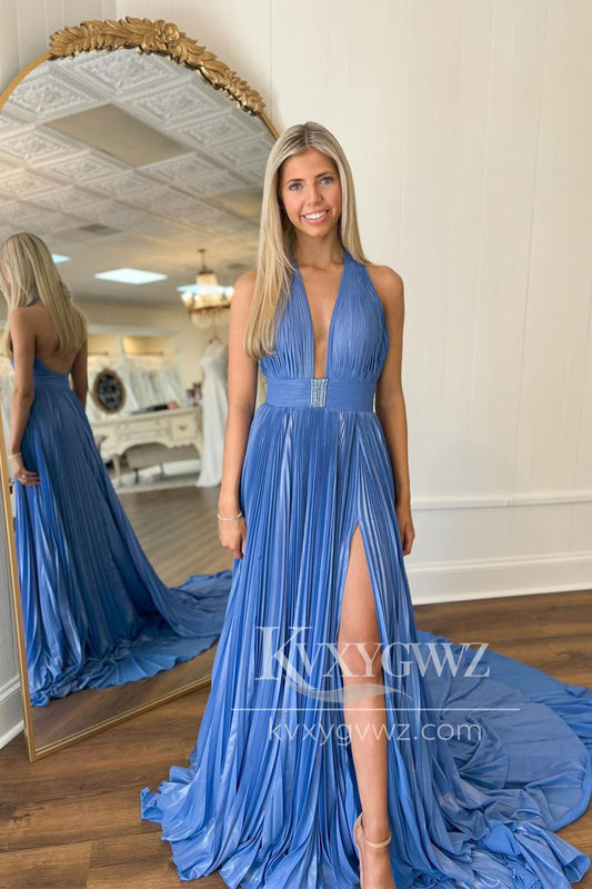 Elegant A Line Evening Gown Deep V Neck Backless Pleated Chiffon Prom Dress with Slit LF1442