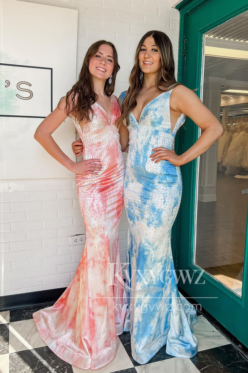 Stunning Mermaid Evening Gown V Neck Printed Satin Prom Dress with Beading LF1444