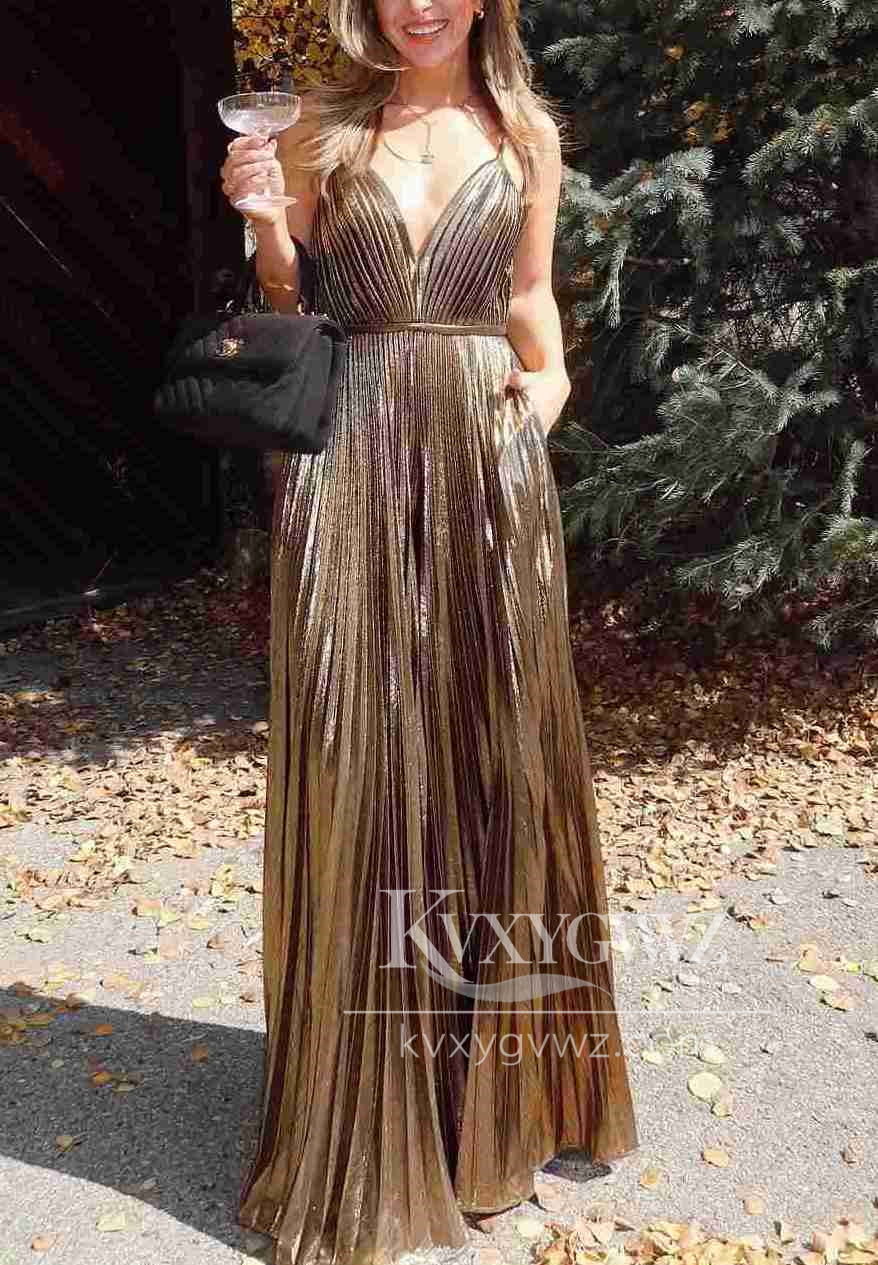 Fashion A Line V Neck Evening Gown Gold Metallic Pleat Satin Long Prom Dress LF1445