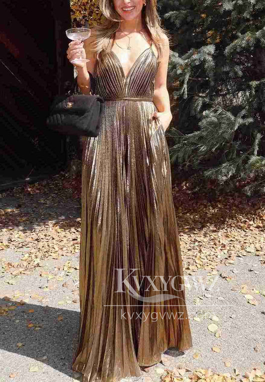 Fashion A Line V Neck Evening Gown Gold Metallic Pleat Satin Long Prom Dress LF1445