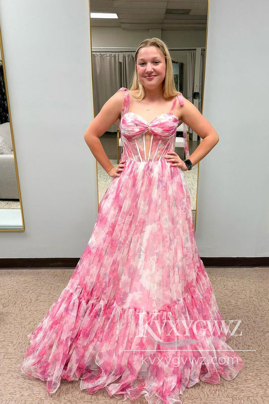 Pastoral Style A Line Sweetheart Evening Gown Pink Printed Chiffon Prom Dresses LF1449