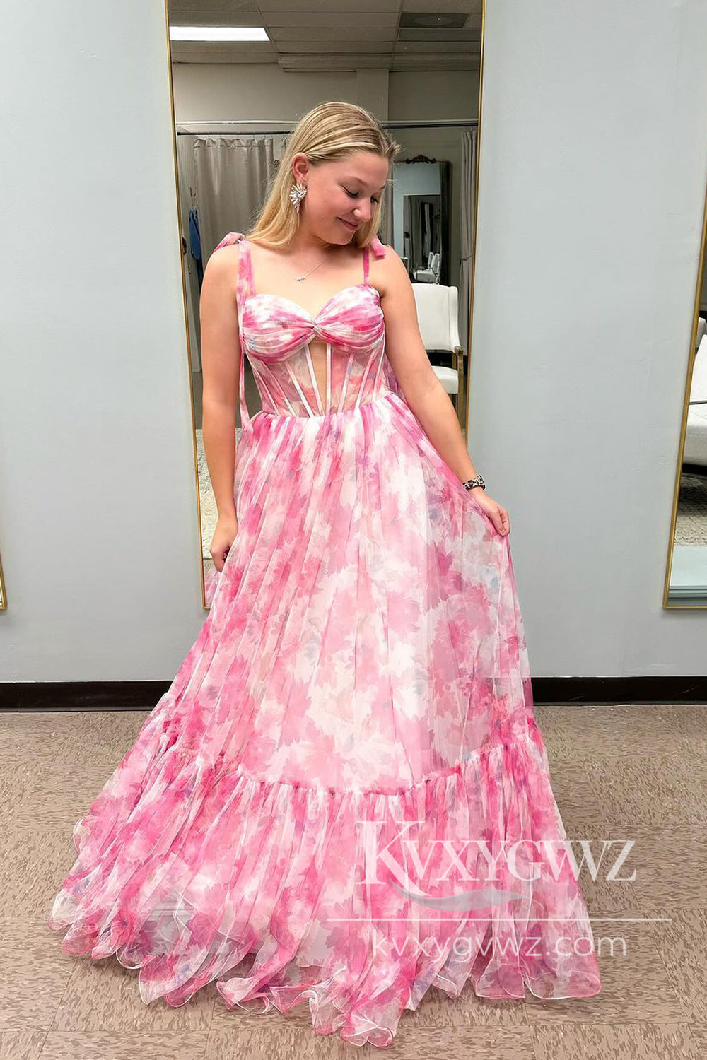 Pastoral Style A Line Sweetheart Evening Gown Pink Printed Chiffon Prom Dresses LF1449