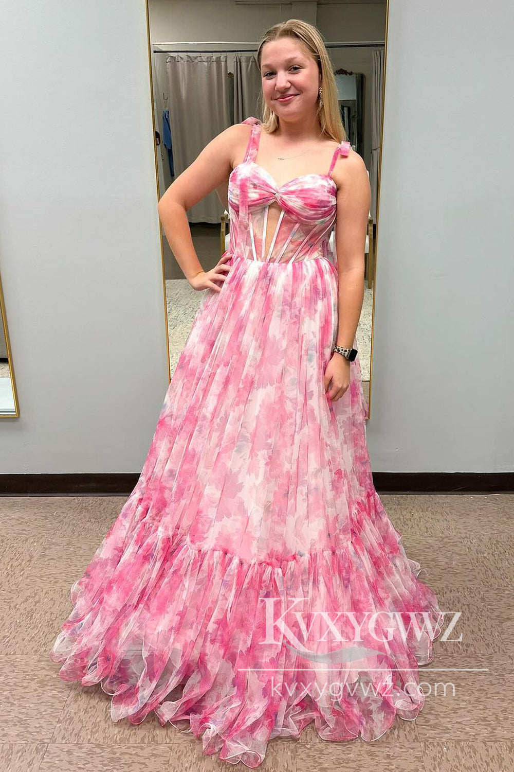 Pastoral Style A Line Sweetheart Evening Gown Pink Printed Chiffon Prom Dresses LF1449