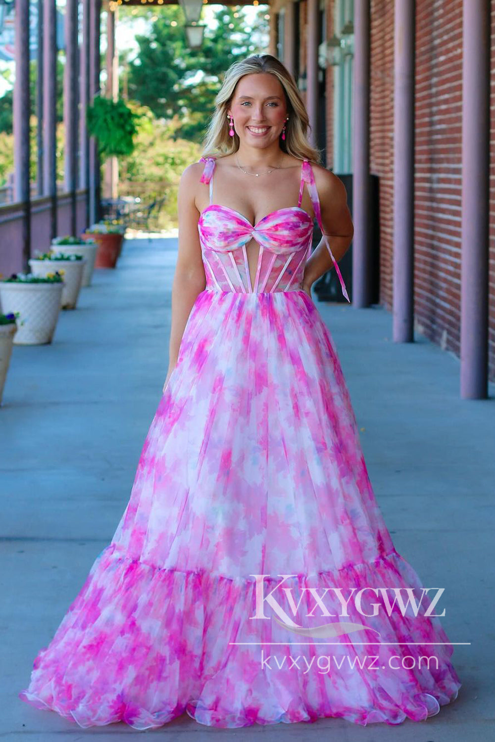Pastoral Style A Line Sweetheart Evening Gown Pink Printed Chiffon Prom Dresses LF1449