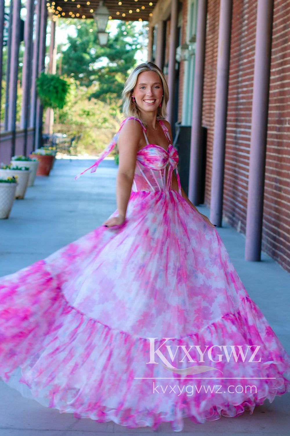 Pastoral Style A Line Sweetheart Evening Gown Pink Printed Chiffon Prom Dresses LF1449
