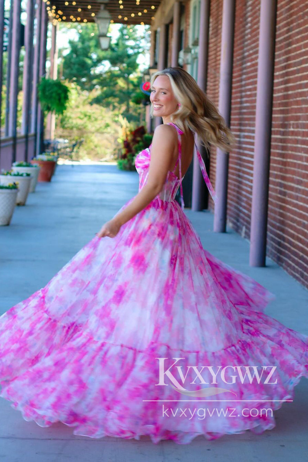 Pastoral Style A Line Sweetheart Evening Gown Pink Printed Chiffon Prom Dresses LF1449