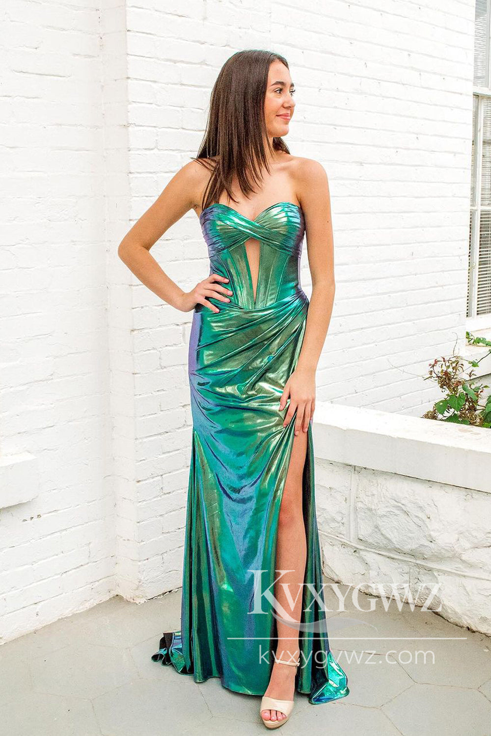 Cute Mermaid Evening Gown Sweetheart Glitter Satin Slit Prom Dresses LF1450