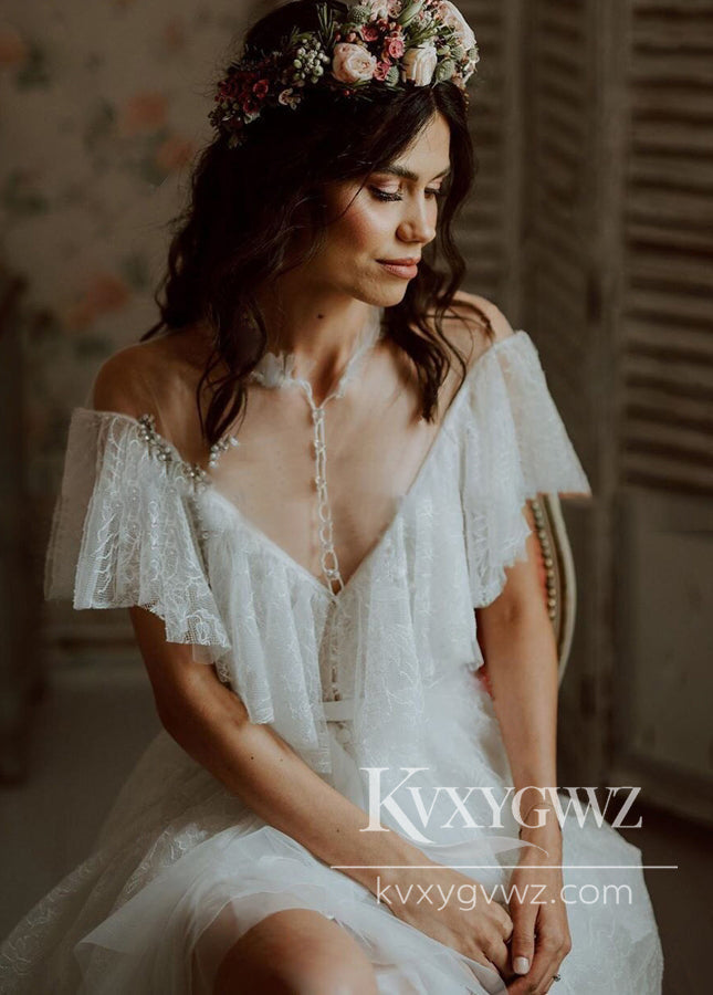 Bohemian A-Line See-through Ruffle Tulle Wedding Dress Gown With Slit HS1047