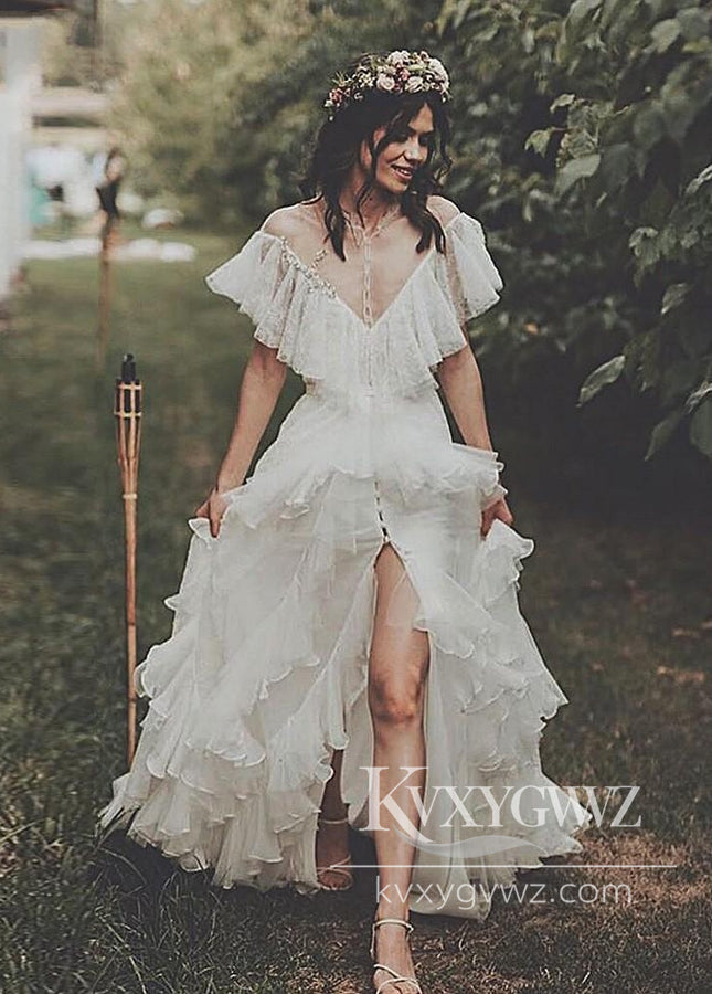 Bohemian A-Line See-through Ruffle Tulle Wedding Dress Gown With Slit HS1047