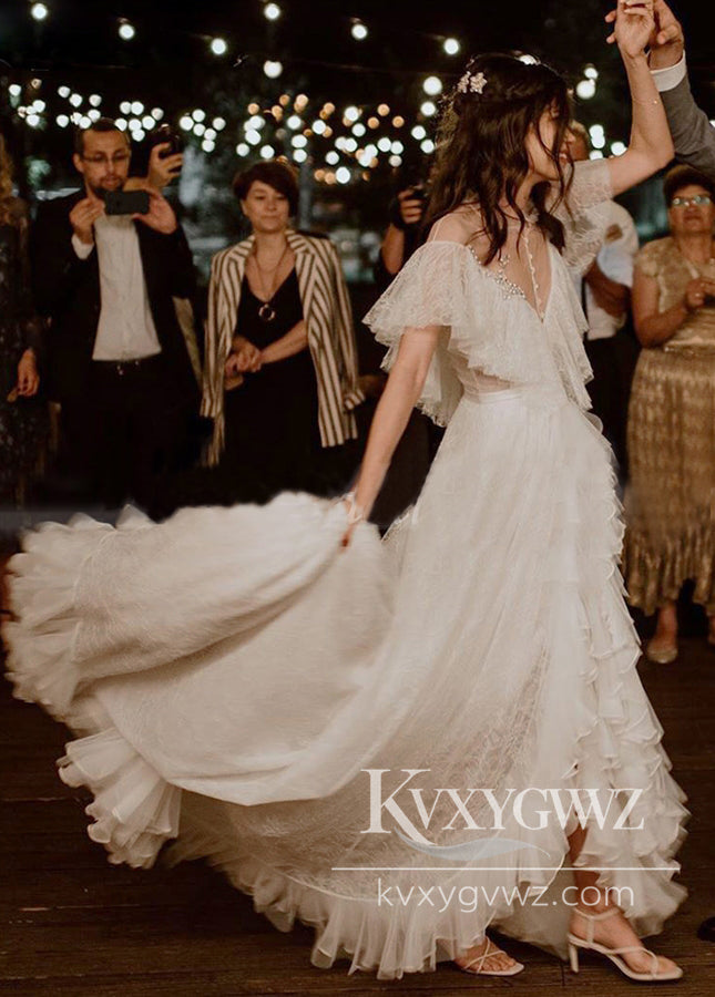 Bohemian A-Line See-through Ruffle Tulle Wedding Dress Gown With Slit HS1047