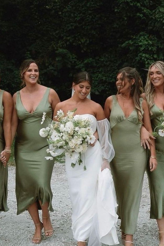 Chic Sheath Olive V Neck Straps Silk Satin Long Bridesmaid Dress LF1452