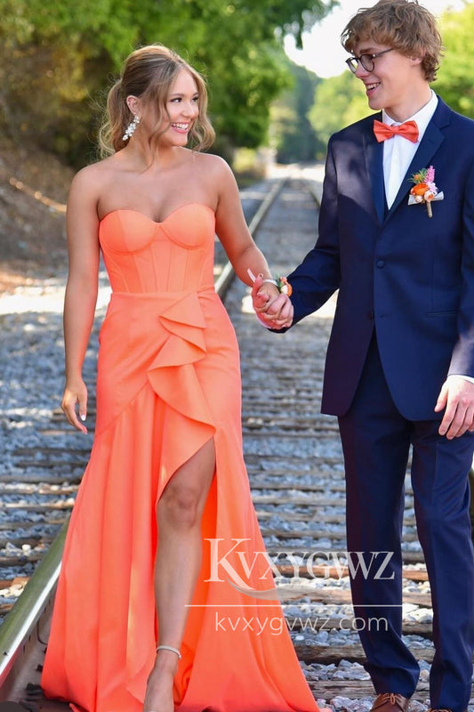 Stunning Mermaid Sweetheart Evening Gown Orange Satin Ruffled Prom Dress with Slit LF1453