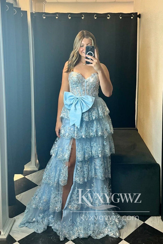 Stunning A Line Sweetheart Evening Gown Light Blue Tulle Long Prom Dress LF1454