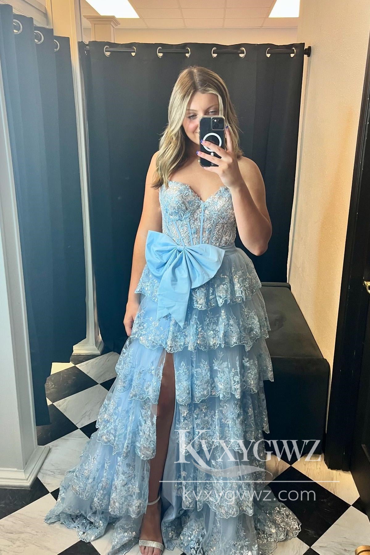 Stunning A Line Sweetheart Evening Gown Light Blue Tulle Long Prom Dress LF1454