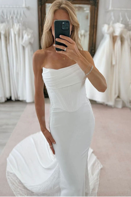 Graceful Simple Mermaid Scoop Neck Satin Long Wedding Dresses Gown HS944
