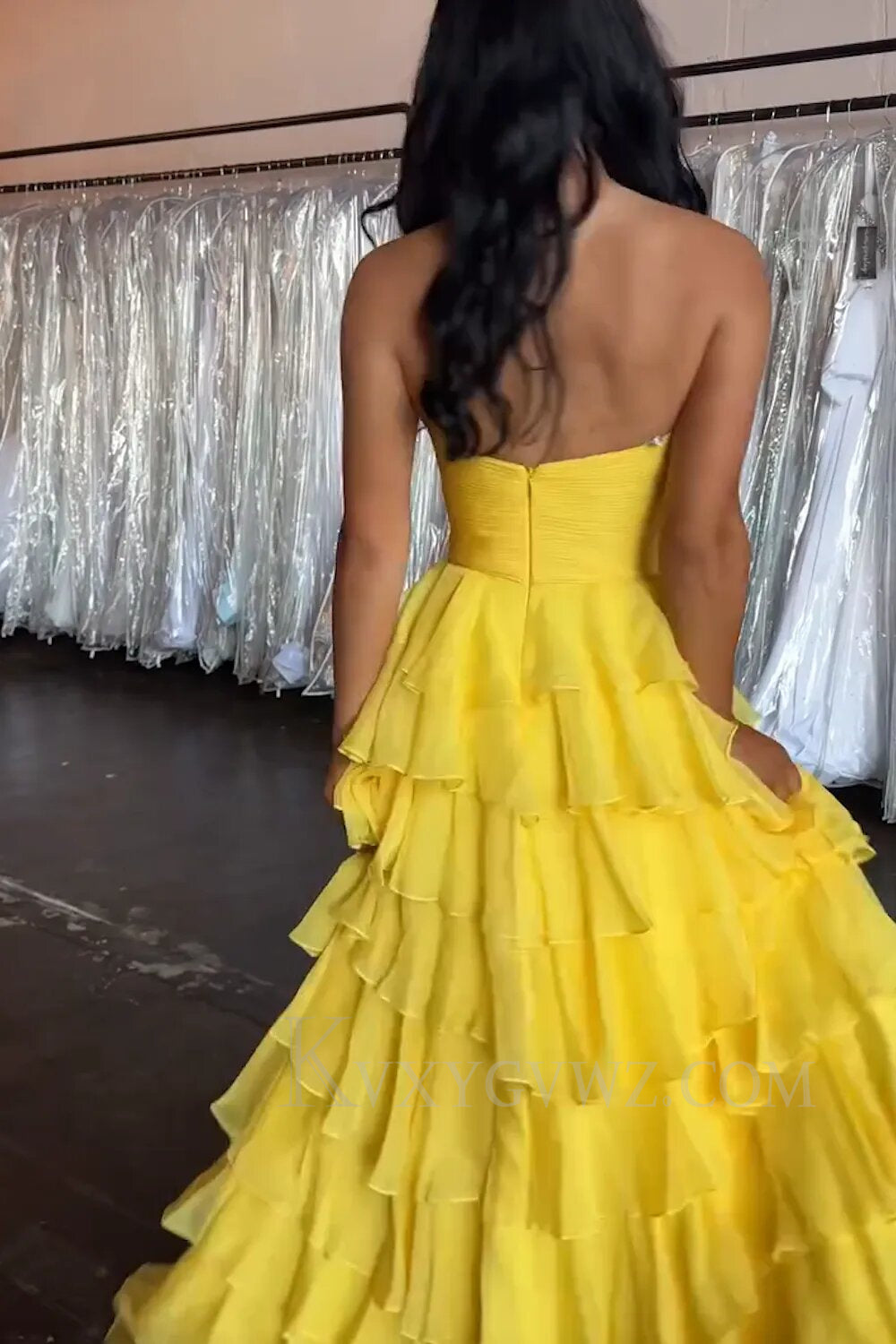 Yellow A-Line Sweetheart Tiered Long Prom Dress LF148