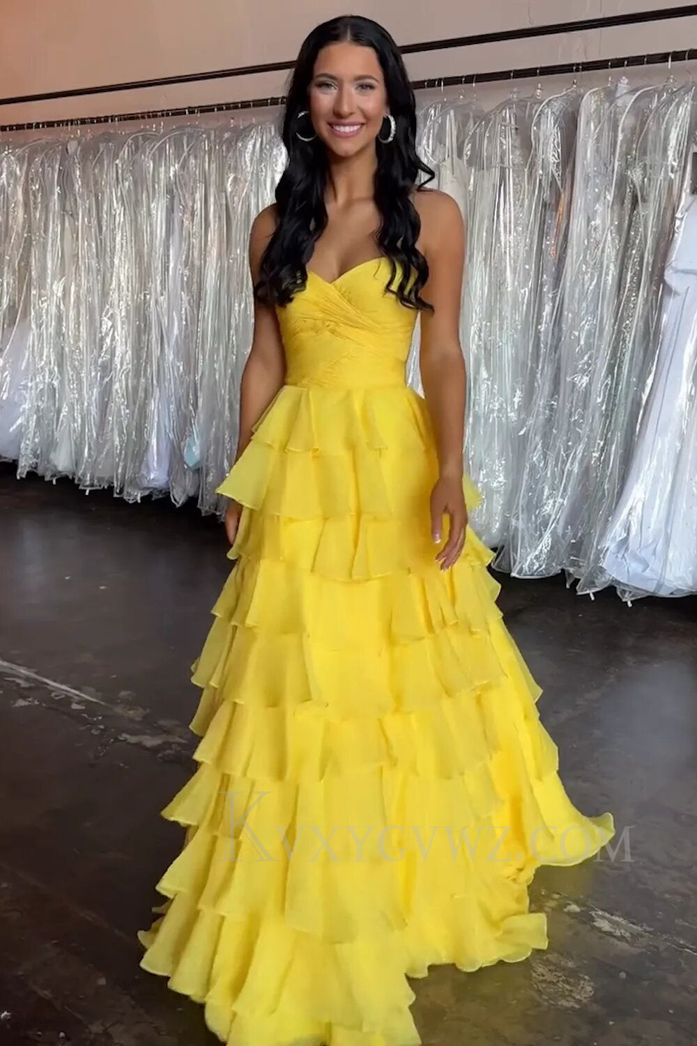 Yellow A-Line Sweetheart Tiered Long Prom Dress LF148