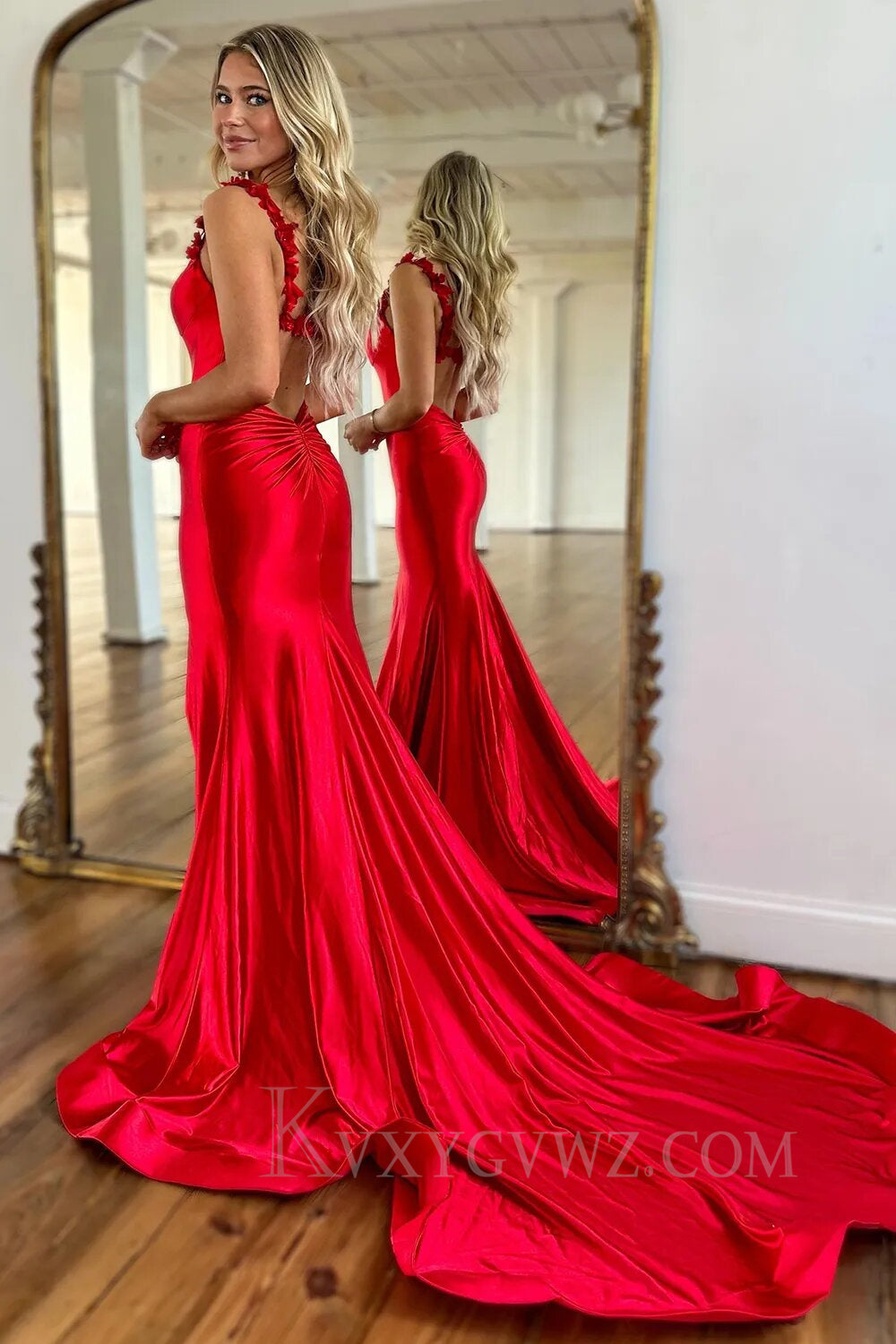 Red Spaghetti Straps Mermaid Satin Long Prom Dress with Slit LF147
