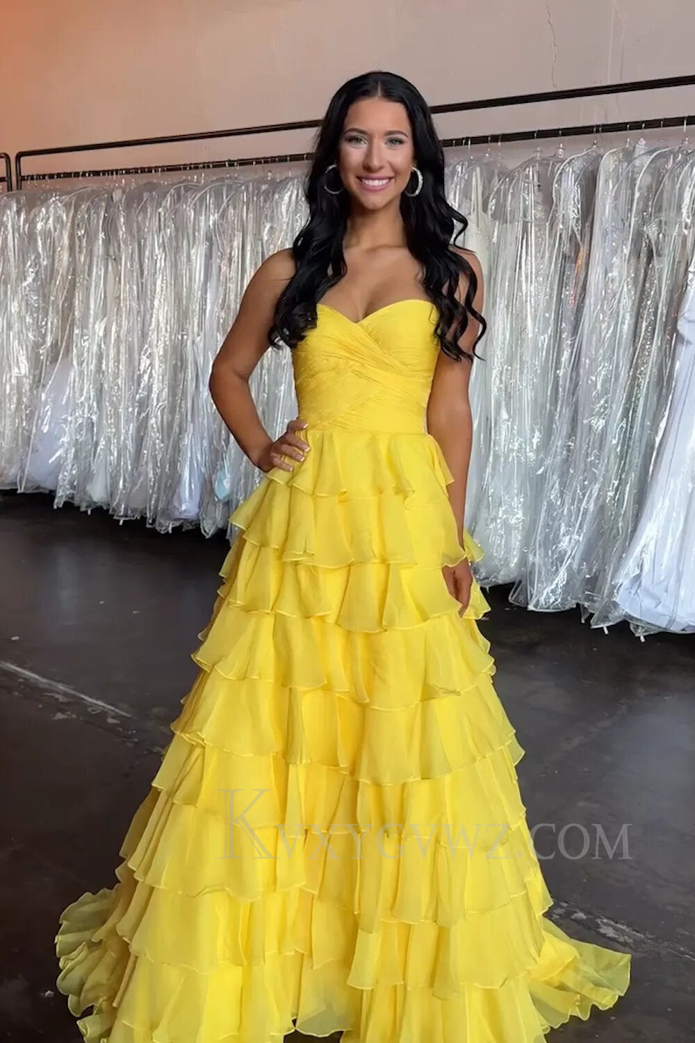 Yellow A-Line Sweetheart Tiered Long Prom Dress LF148
