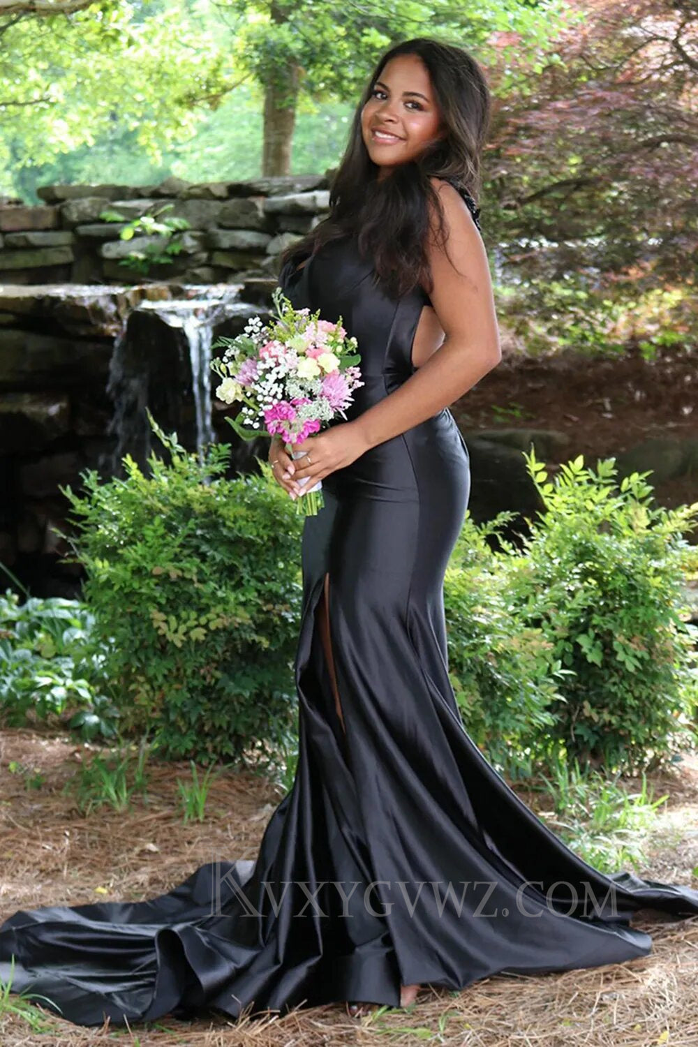 Red Spaghetti Straps Mermaid Satin Long Prom Dress with Slit LF147