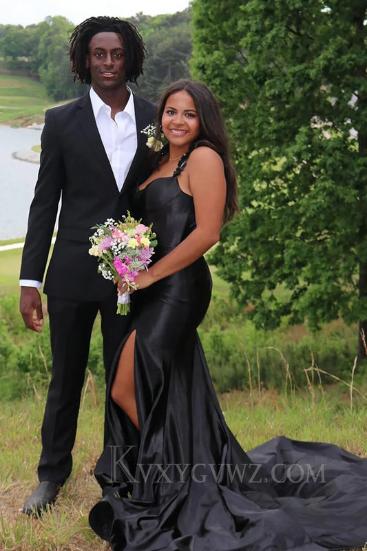 Red Spaghetti Straps Mermaid Satin Long Prom Dress with Slit LF147