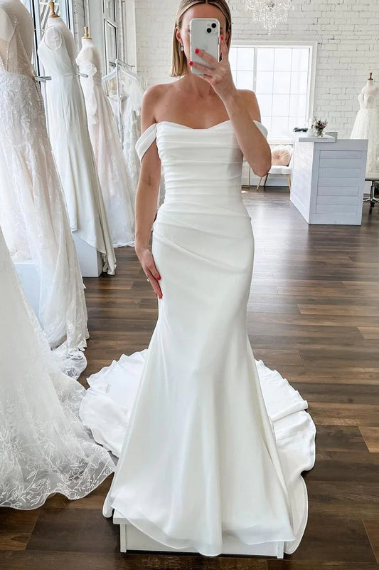 Elegant Mermaid Off the Shoulder Elastic Satin Long Wedding Dresses/Gowns HS23052607