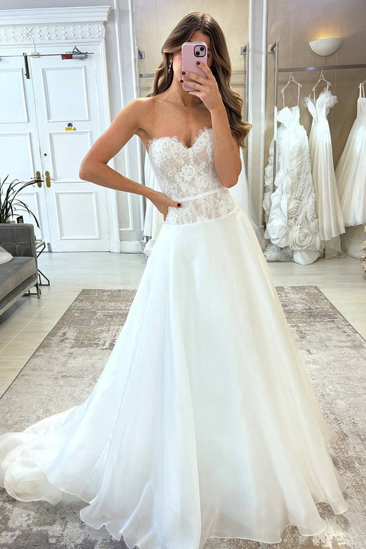 A-Line Sweetheart White Organza Lace Wedding Dresses Gown HS805