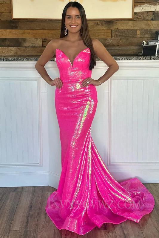 Sexy Deep V-neck Sequined Fuchsia Mermaid Prom Dress With Sweep Train LF150