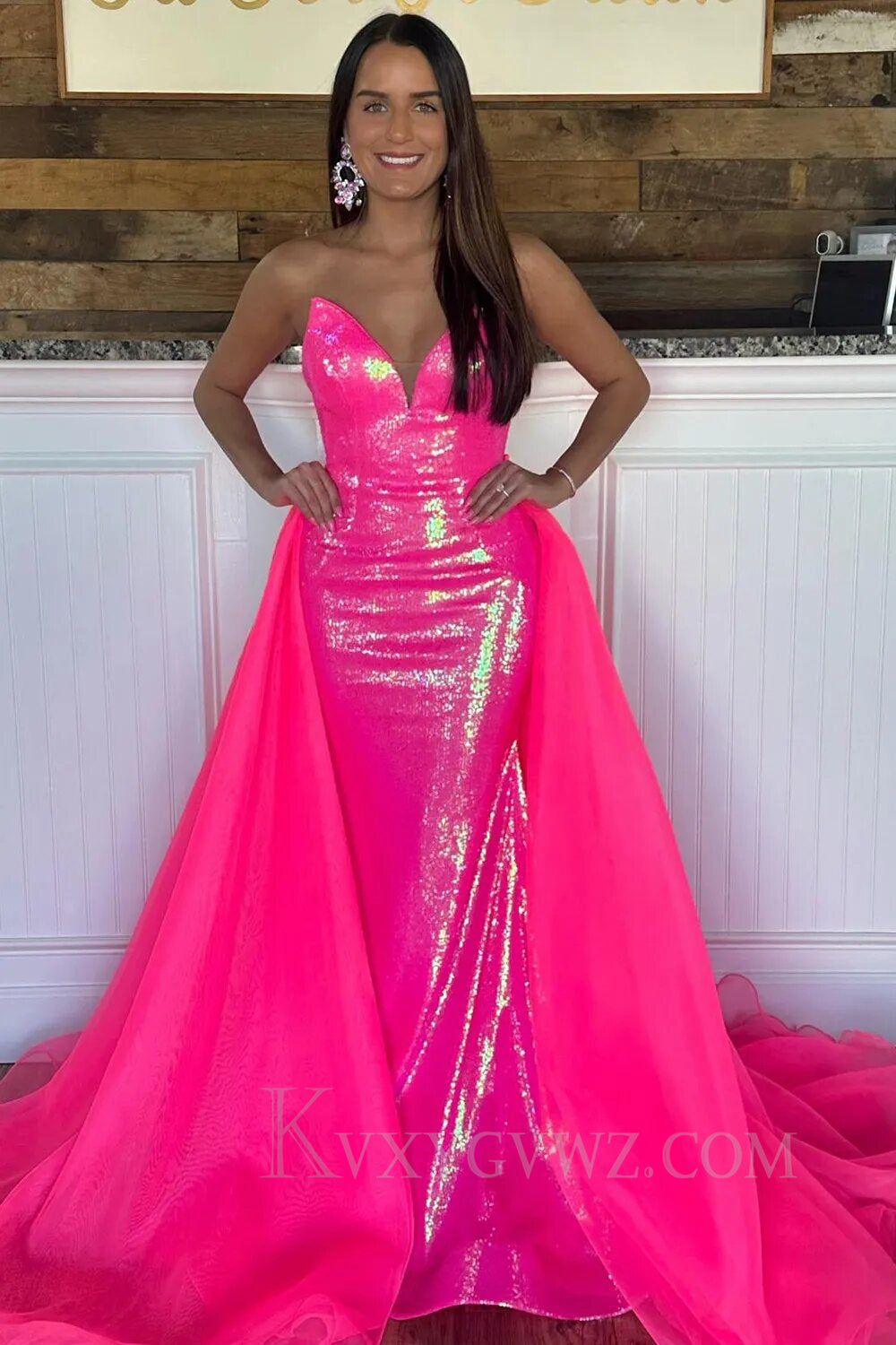 Sexy Deep V-neck Sequined Fuchsia Mermaid Prom Dress With Sweep Train LF150